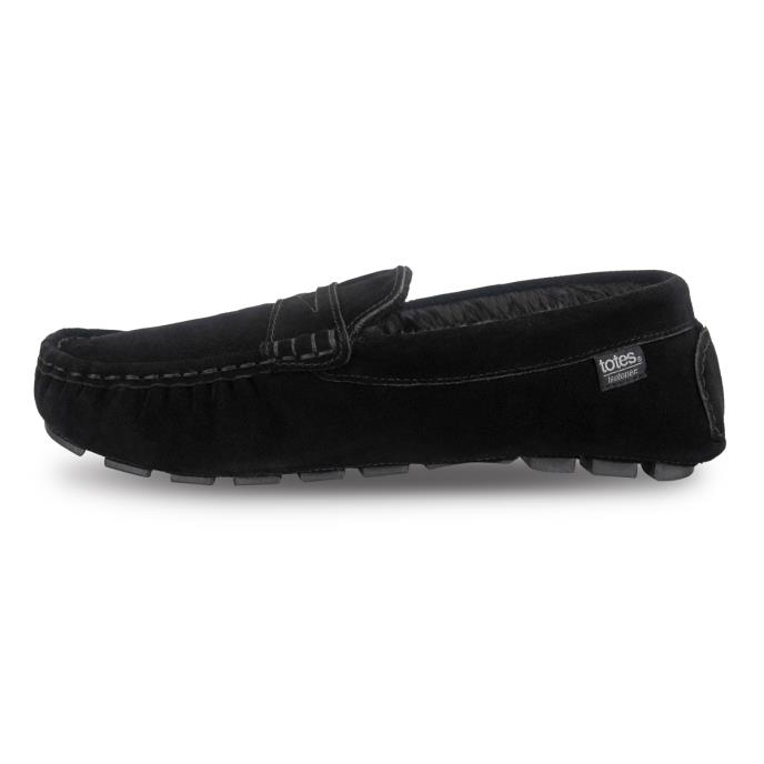 Isotoner® Mens Fur Lined Suede Moccasin Slipper Black Extra Image 3